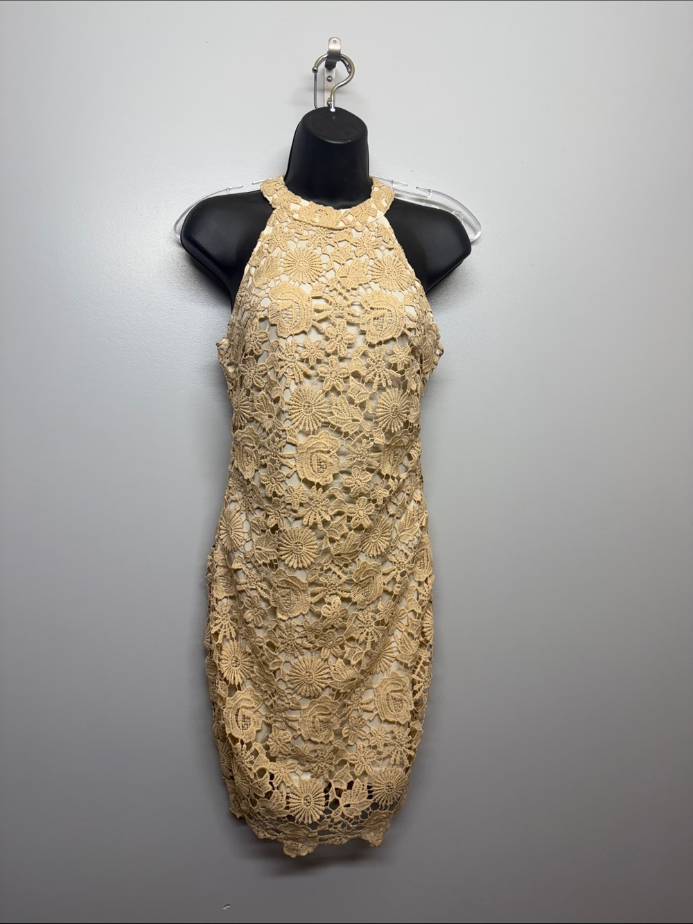 Sleeveless Beige Crochet Floral Lace Sheath Dress